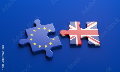 Brexit - British exit from the European Union in 2020. The concept of a 'Brexit' represented via jigsaw puzzle. Member states represented by pieces of puzzles with flag.  3D rendering graphics. photo