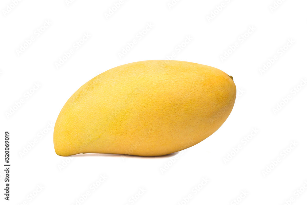 Yellow ripe mangoes on a white background.
