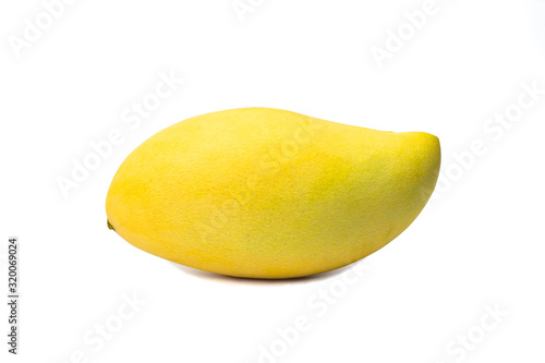 Yellow ripe mangoes on a white background.