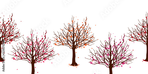 Colorful Chinese and Japanese plum blossom or plum tree seamless pattern background and borders. Asian springtime floral tree pattern background. Great for wallpaper, gifts, textile, card.