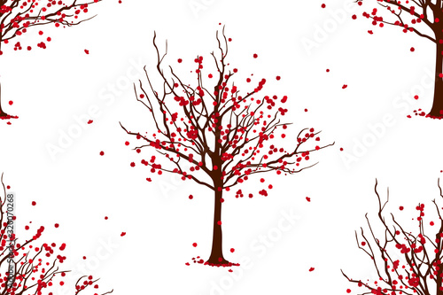 Chinese and Japanese plum blossom tree or plum tree seamless pattern background. Asian springtime floral tree pattern background. Great for wallpaper, gifts, textile, card, packaging design. 