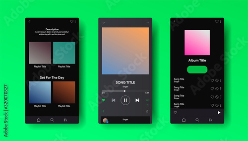 Social media network inspired by Spotify. Music player interface by subscription. Profile, Album, Song, Playlist mockup. Black apple music screen. Vector illustration.