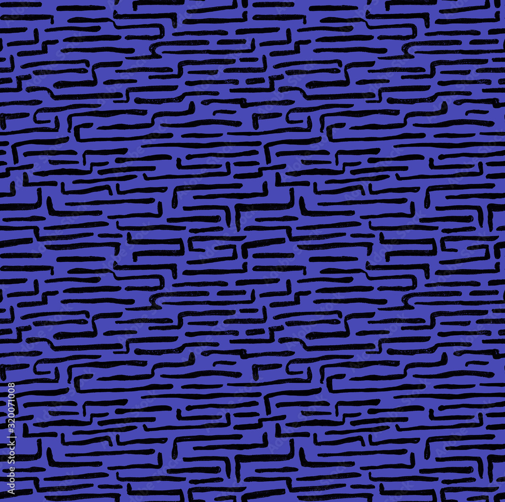 Hand made seamless abstract black strokes pattern on blue background. Marker grunge scribble strokes with rounded edges. Hatching drawing for man, woman clothes, linens, fabric. Hand made seamless abstract black strokes pattern on blue background. Marker grunge scribble strokes with rounded edges. Hatching drawing for man, woman clothes, linens, fabric.