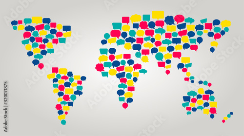 Communication world map. Worldwide connection and support.Map made of colorful speech bubbles. Symbol Of language translation and interpretation. Network around the world. Vector illustration.