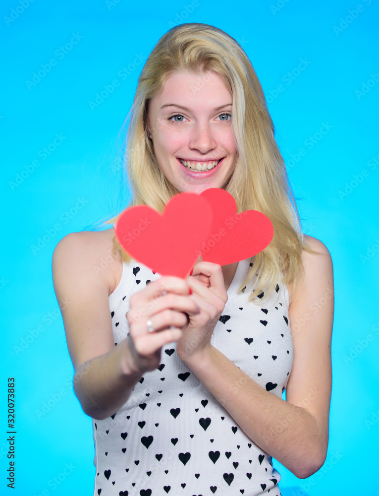 Love and romance. Woman cheerful girl hold heart valentines decoration. Happy valentines day. Valentines day attribute. Celebrate valentines day. Crazy in love. Girl romantic mood dream about date Love and romance. Woman cheerful girl hold heart valentines decoration. Happy valentines day. Valentines day attribute. Celebrate valentines day. Crazy in love. Girl romantic mood dream about date