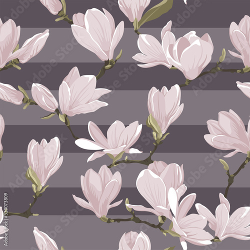 Vector floral seamless pattern of magnolia set. Floral pink images on a violet striped background. Textile design elements
