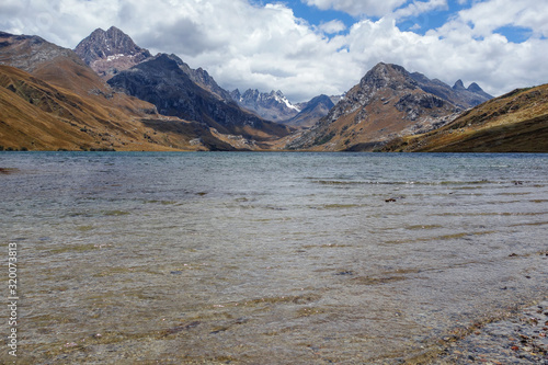 panorama of Querococha lake on the peruvian Cordillera