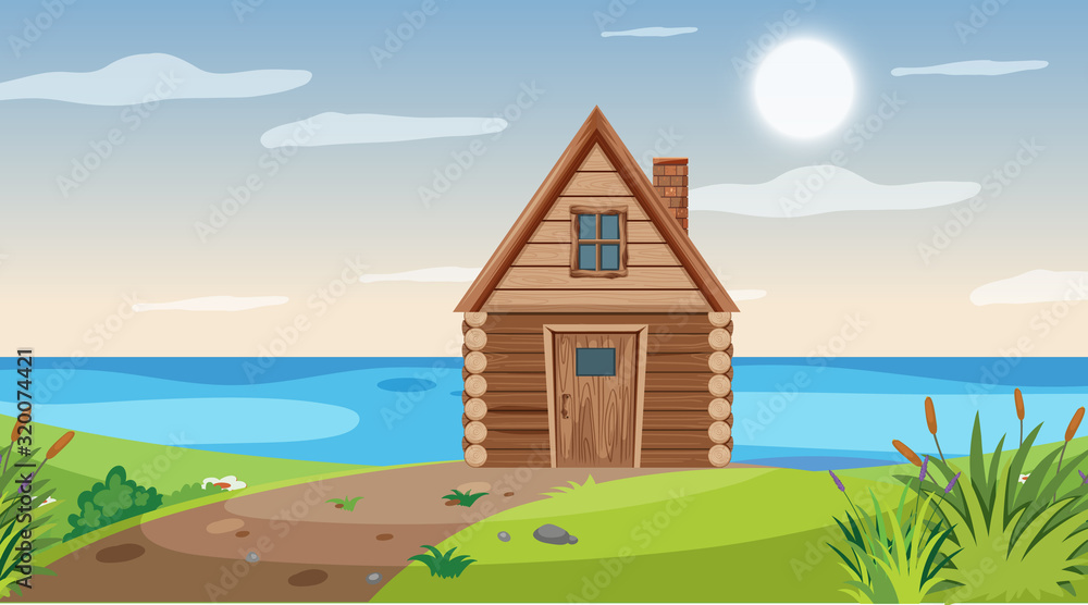 Scene with wooden hut by the lake Scene with wooden hut by the lake
