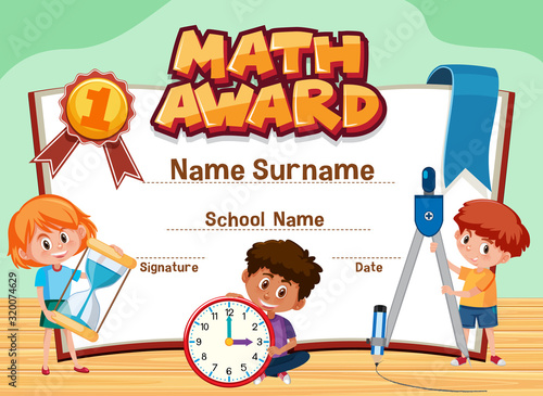 Certificate template for math award with children in background