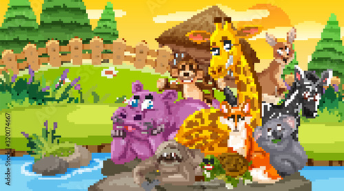 Scene with many wild animals in the forest