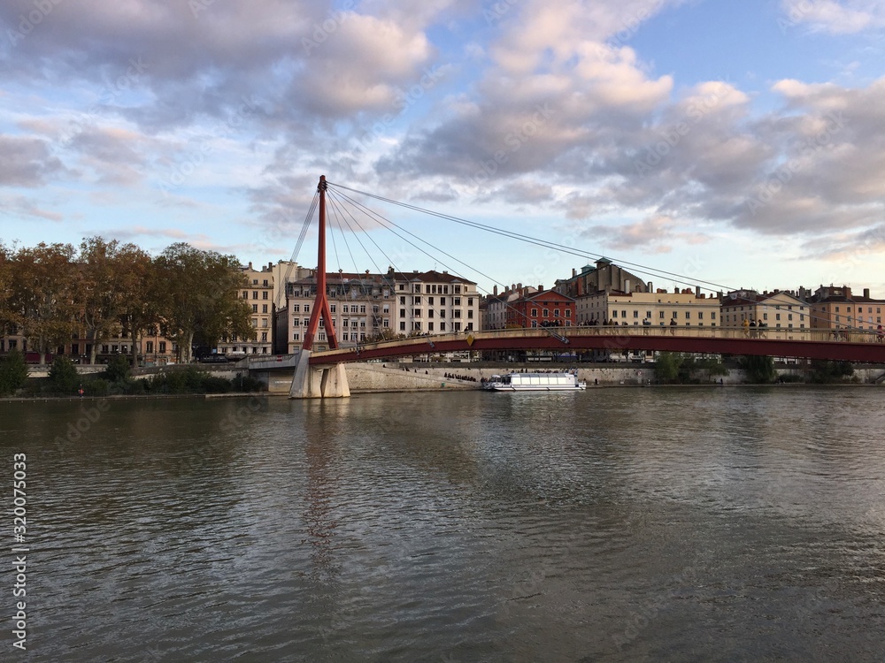 The Palais de Justice bridge and the quays of the Saône in Lyon, France