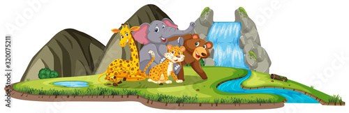 Photography Scene with many wild animals by the waterfall