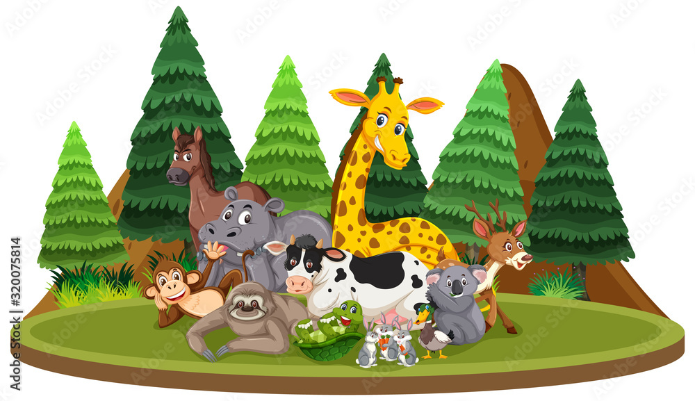 Fototapeta premium Scene with many wild animals in the forest