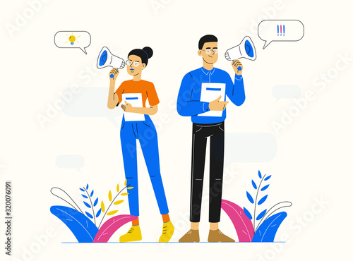 Team leadership. A man or team leader holds a megaphone makes announcement. A woman or team leader holds a megaphone makes an announcement and gives an idea. Plants and some bubble background elements