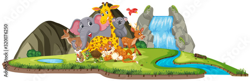 Scene with many cute animals by the waterfall