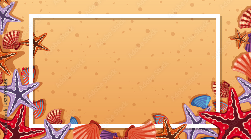 Frame design with seashells and starfish on the beach background Stock ...