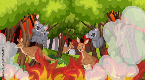 Scene with koalas and kangaroos in the big wildfire