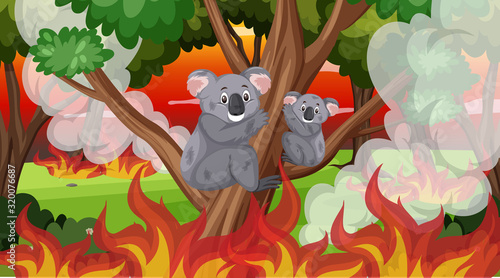 Scene with big wildfire in the forest