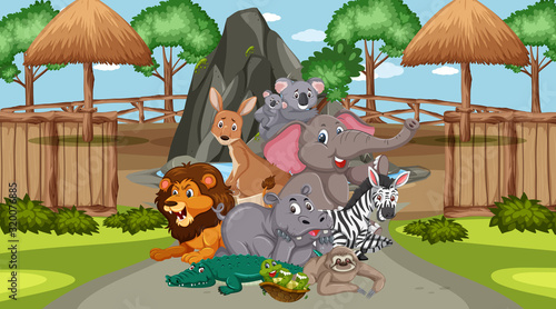 Scene with wild animals in the zoo at day time