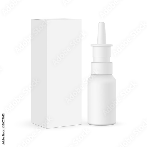 Nasal spray bottle with box mockup isolated on white background. Vector illustration