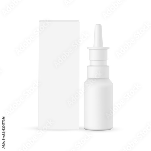 Nasal spray bottle with box mockup, front view, isolated on white background. Vector illustration