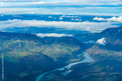 The Rhone river and the boundary between France and Switzerland at Chancy south west of the Canton of Geneva, seen from the air