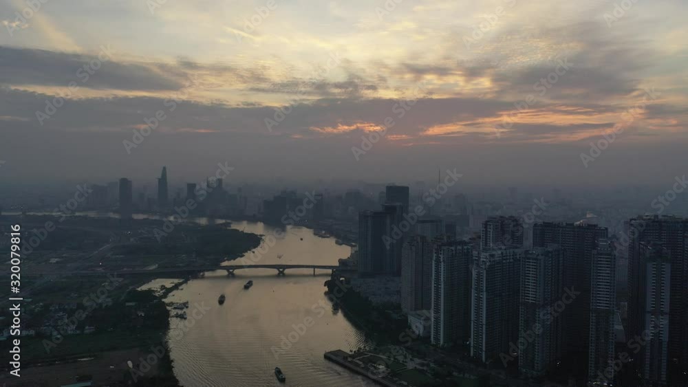 November 09/2019 4k aerial video Ho Chi Minh City skyline in sunset look from District 2 November 09/2019 4k aerial video Ho Chi Minh City skyline in sunset look from District 2