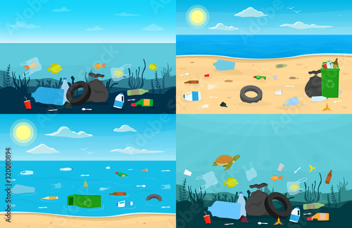 Set of web banners with nature pollution. Dirty ocean beach with trash and plastic. Environmental disaster concept. Vector illustration flat design.