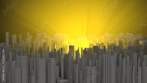 Abstract and futuristic city lit by orange and warm volumetric light. high quality 3d illustration background. Aerial shot