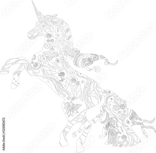 vector illustration of unicorn in style zentangle for coloring page on the transparent background