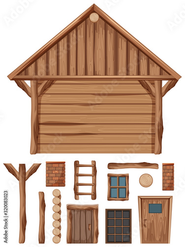 Wooden cottage and set of windows and doors