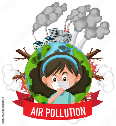 Poster design for stop pollution with girl wearing mask