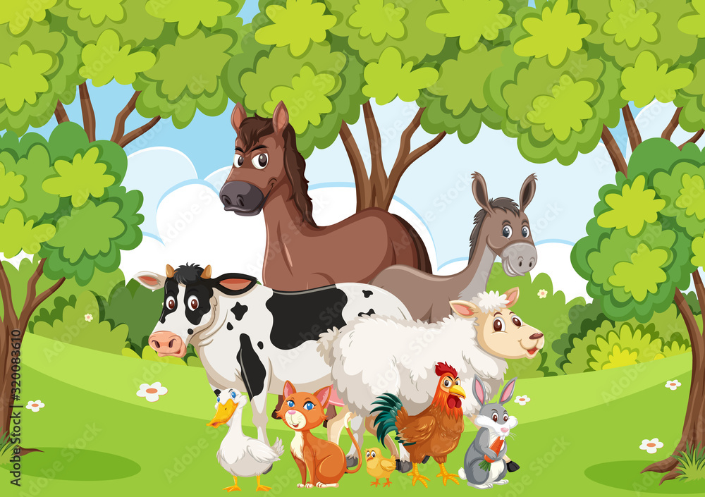 Naklejka premium Scene with many wild animals in the forest