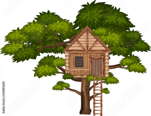 Big tree and big treehouse on white background