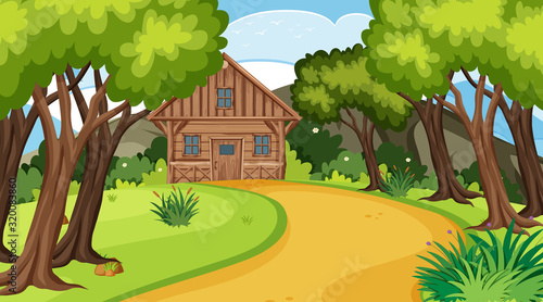 Scene with wooden cottage in the field