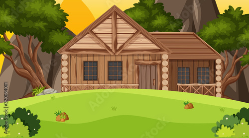 Scene with wooden cottage in the field