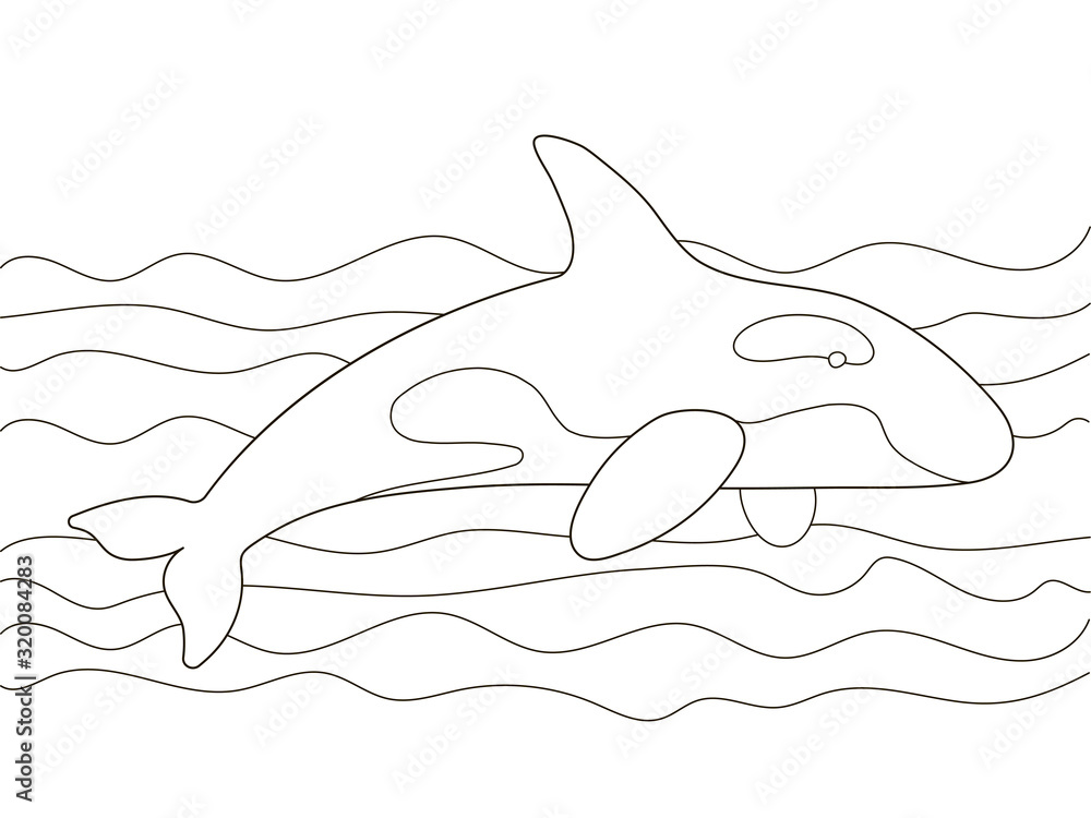 Obraz premium Vector beautiful coloring book for adults and children with a killer whale among the waves. A series of coloring books with marine animals. Minimalism and simple lines, silhouette of fish.