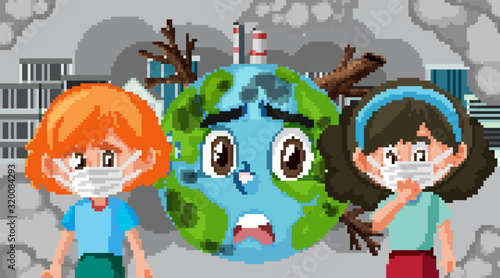 Scene with girls wearing mask and earth crying