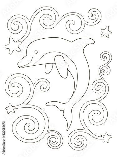 Vector beautiful coloring book for adults and children with a dolphin. A series of coloring pages with marine animals. Sea dweller and waves in the form of patterns.