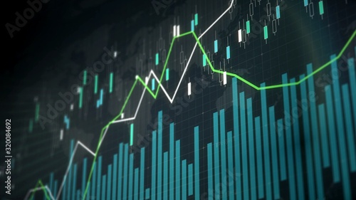 Stock market statistics on screen, line graph showing fluctuations on the market