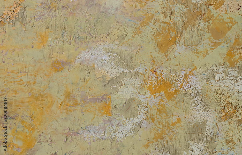 Abstract background of yellow orange textured strokes, splashes, drops of paint