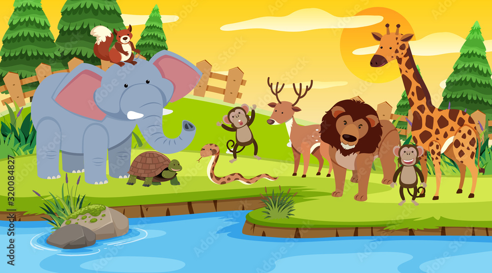Scene with many wild animals together by the river Scene with many wild animals together by the river