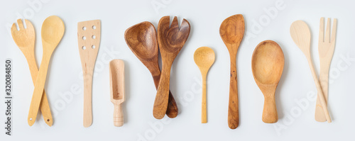 Fotografía Wooden kitchen utensils collection on white background