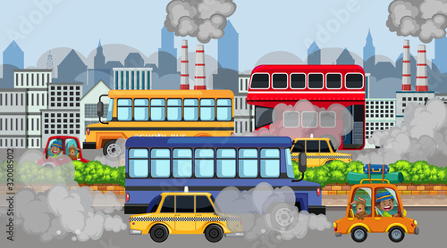 Scene with cars and factory buildings making dirty smoke in the city