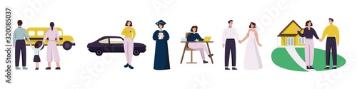Collection of life cycle young woman vector flat illustration. Set of cartoon female lifestyle stage from childhood to growing up isolated on white background. Concept of development generation