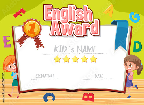 Certificate template for english award with alphabets in background