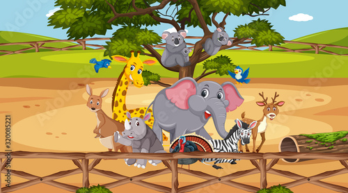 Scene with wild animals in the zoo at day time