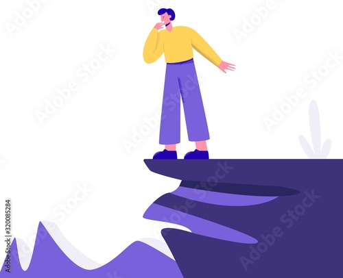 Fear of heights or acrophobia of a person. Character man stands on a cliff and experiences fear.