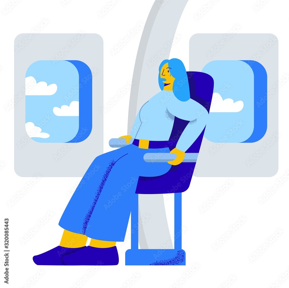 Character girl afraid to fly in an airplane. Feeling the fear of flying in the sky. The girl is fastened in an airplane. Character girl afraid to fly in an airplane. Feeling the fear of flying in the sky. The girl is fastened in an airplane.