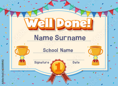 Certificate template for well done with trophy and flags in background